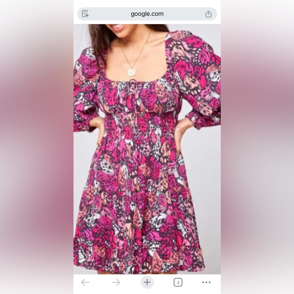 l*space Pink Butterfly Long Sleeve Smocked Dress Women’s Large